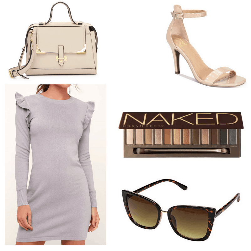 Grey dress, brown sunglasses, nude eyeshadow palette, handbag and heels.