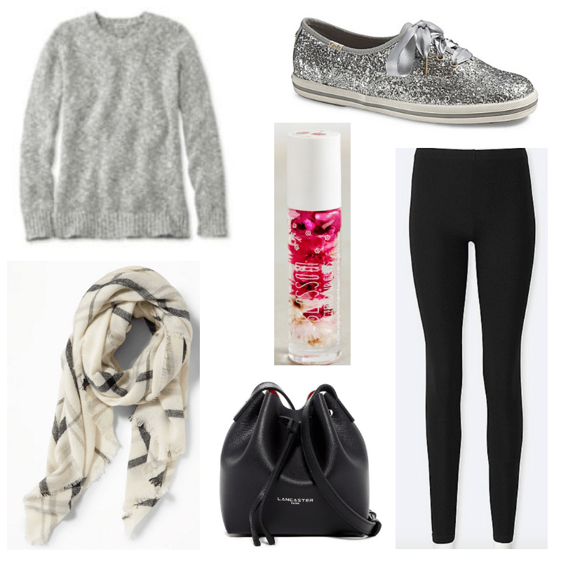 Plaid sweater, cherry lip gloss, black leggings and bag, gray sweater and sneakers.