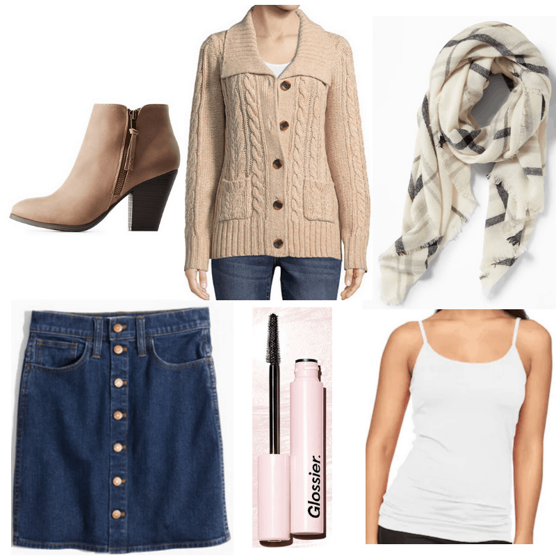 Jeans skirt, plaid scarf, U-Neck Sweater, ankle boots, white tank top, mascara.