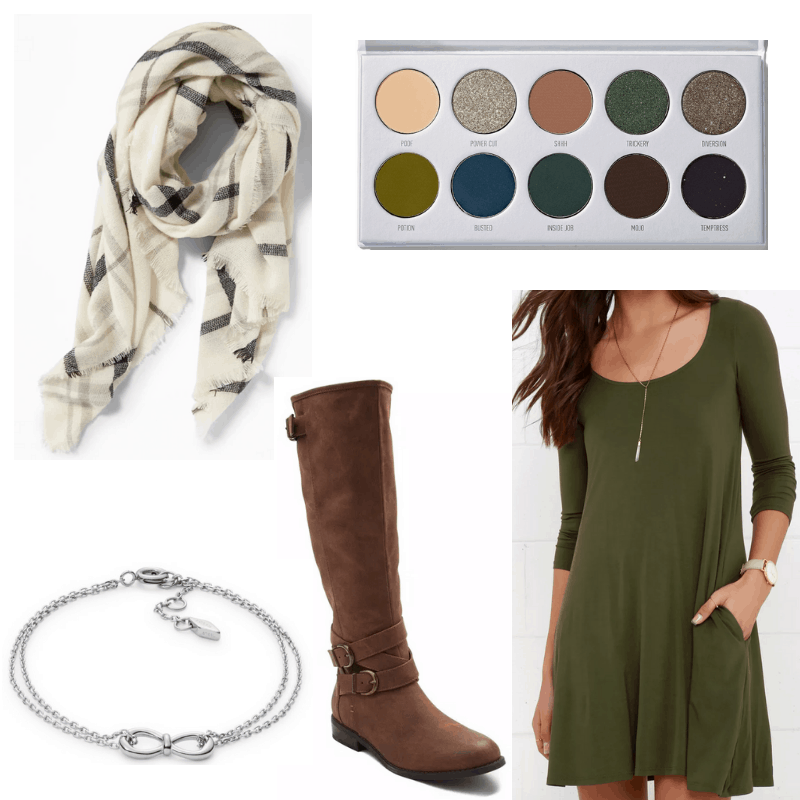 Green dress, brown boots, plaid scarf, earth eyeshadow, silver bracelet.