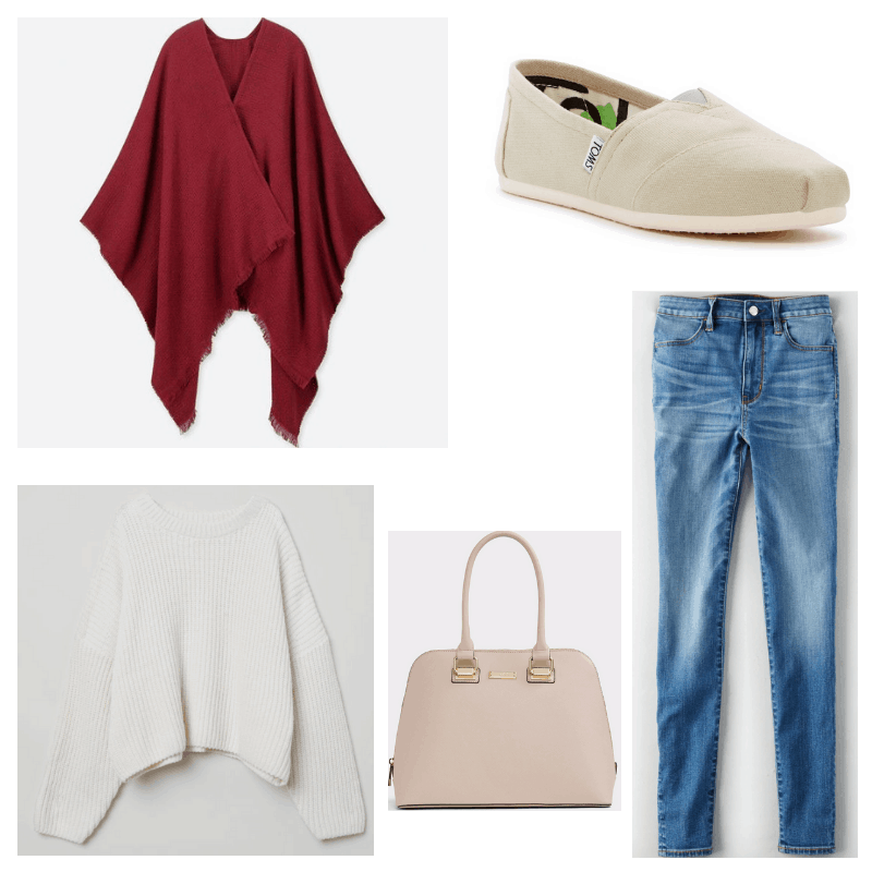 Blue jeans, red stole, off white bag, sweater and toms.