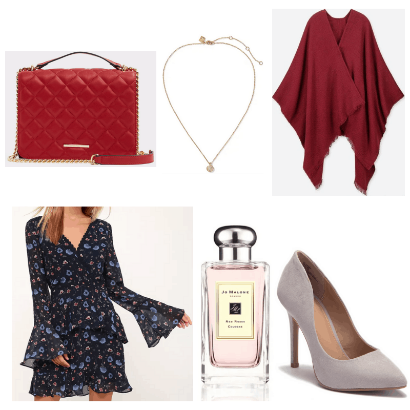 Blue dress, pink perfume, grey heels gold necklace and red stole and handbag.