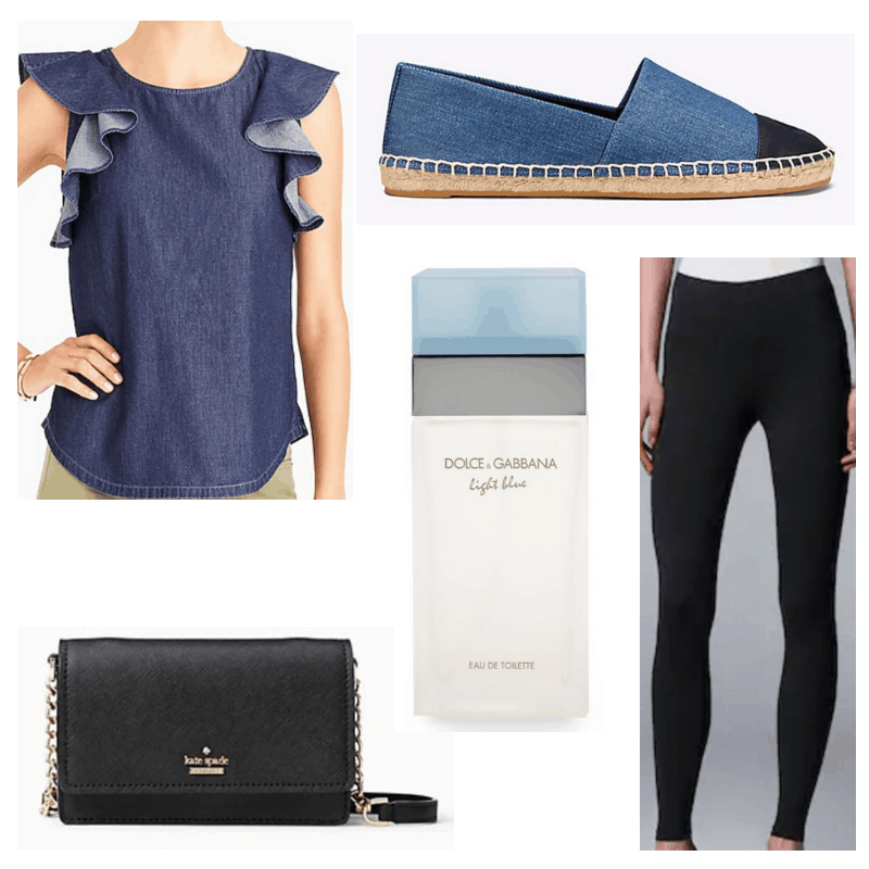 Jean top, espadrilles, black leggings, crossbody and light blue perfume.