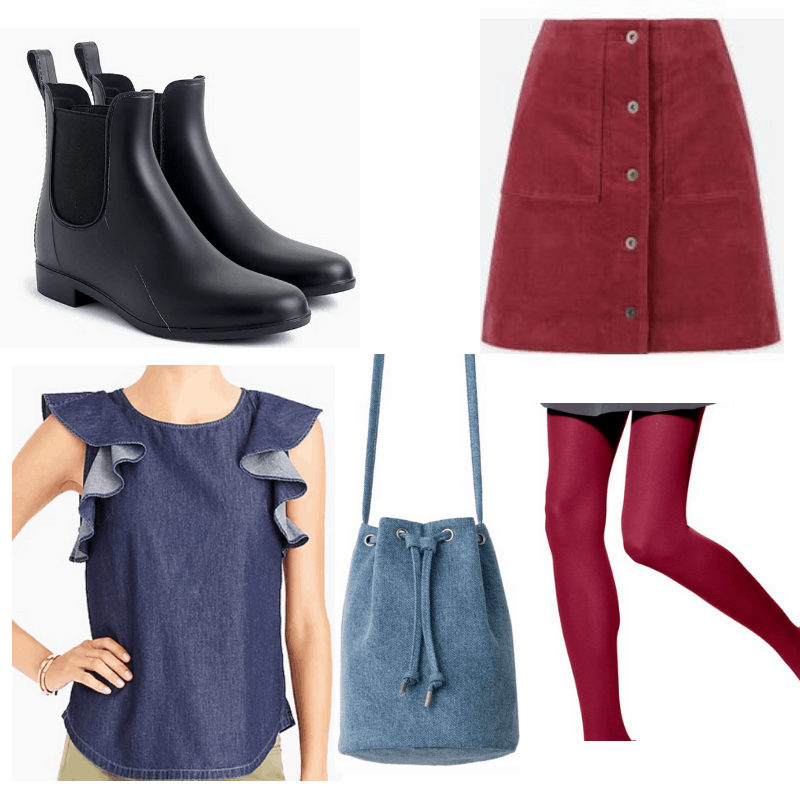 Black boots, red skirt and rights, jean top and bag.
