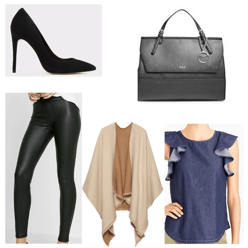 Jean top, leather pants, beige poncho, black heels and handbag.