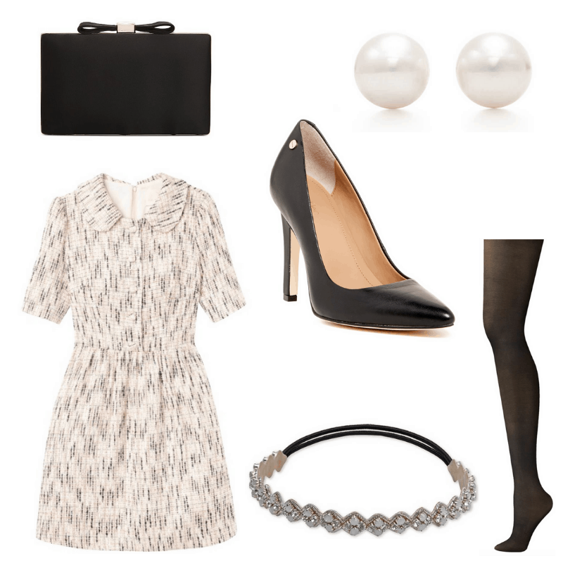 Tweed dress, white headband and pearls, black heels, tights and clutch.