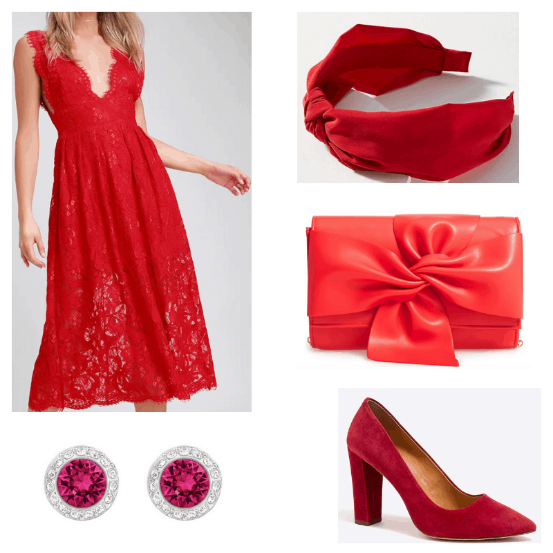 Red dress, earrings, headband, clutch and heels.