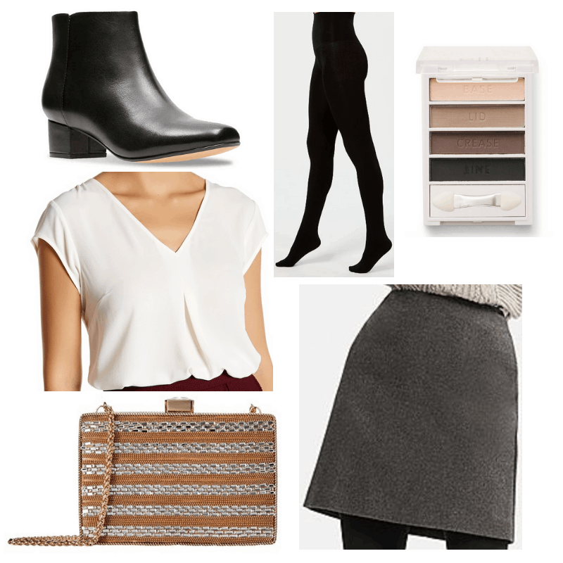 Grey skirt, gold clutch, white blouse, black tights, boots and eyeshadow.