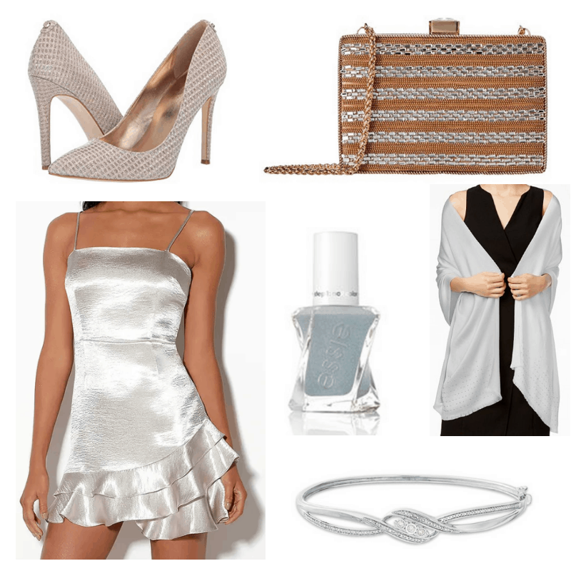 Gold clutch, silver dress, shawl, nail polish, bracelet and heels.