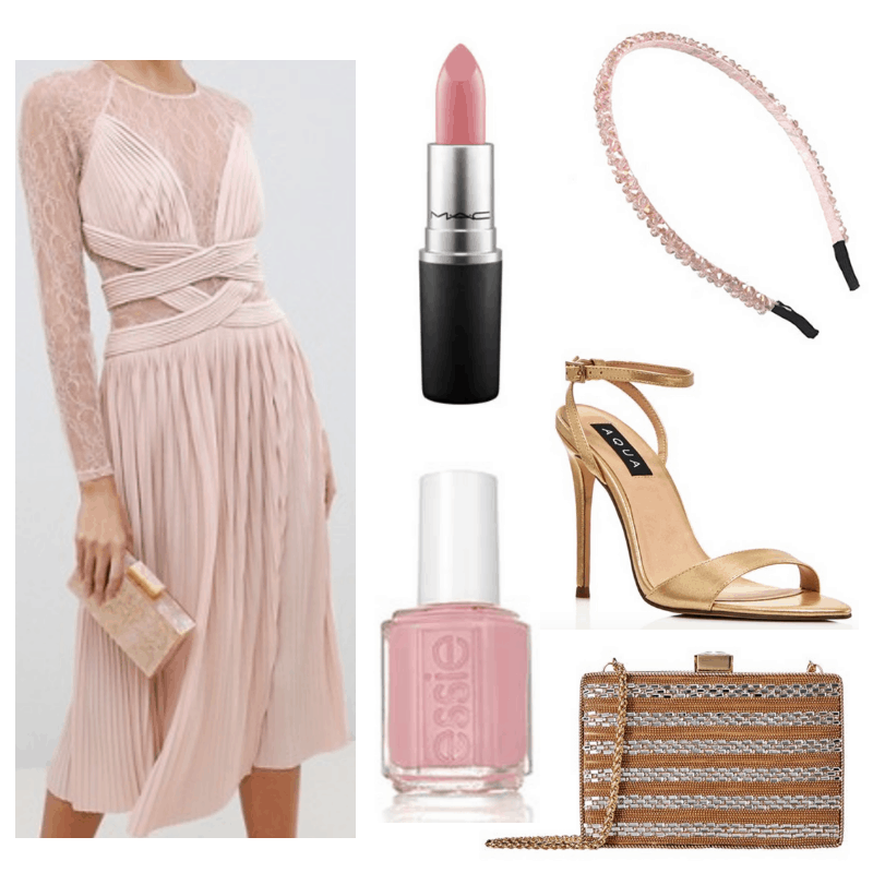 Pink dress, lipstick, headband and nail polish, gold clutch and heels.