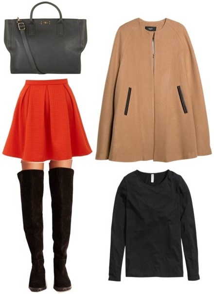 Cape coat, black top, red skirt, over the knee boots