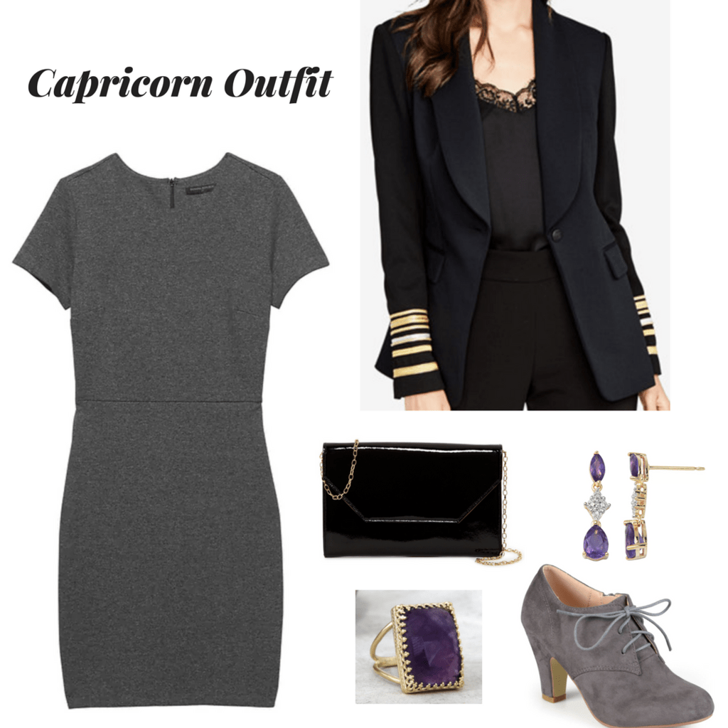 capricorn outfit zodiac outfit outfit inspired by astrology gray dress outfit black sailor blazer outfit black patent leather purse outfit amethyst and gold jewelry grey oxford heels outfit