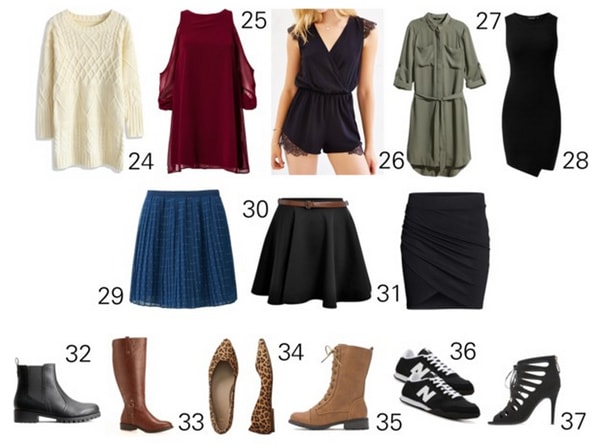 Capsule wardrobe sweaters, dresses, skirts, shoes