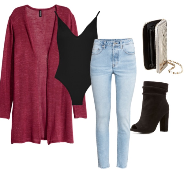 Red cardigan outfit 3: Casual look with black bodysuit, light wash skinny jeans, peep-toe ankle booties in black suede, metallic clutch