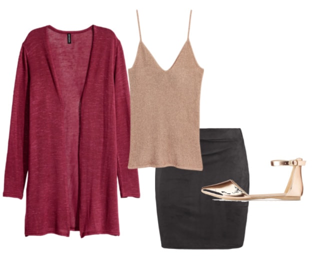 Red cardigan outfit 1: Classy cardigan outfit for work or an interview with black pencil skirt, simple champagne cami, gold ankle strap flats