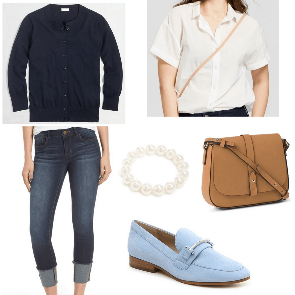 white button down shirt with navy cardigan, cuffed jeans, brown leather bag, pearl bracelet, and sky blue loafers