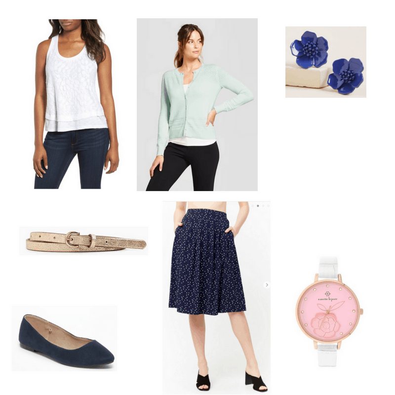 Outfit with mint cardigan, white lace tank, navy polka dot skirt, navy flats, blue flower earrings, metallic belt, and watch