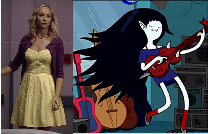 Caroline Forbes in a dress and cardigan and Marceline playing the guitar