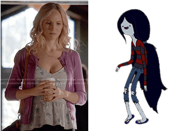 Caroline Forbes in peplum top and Marceline in striped tee and ripped jeans
