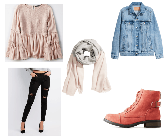 Caroline Forbes and Marceline Winter to Spring Outfit with pastel top and distressed jeans