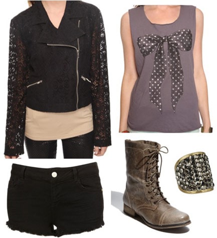 Outfit inspired by Carrie Underwood's 'bad girl' looks from her Good Girl video - Leather jacket, black denim shorts, grey tank, lace-up boots