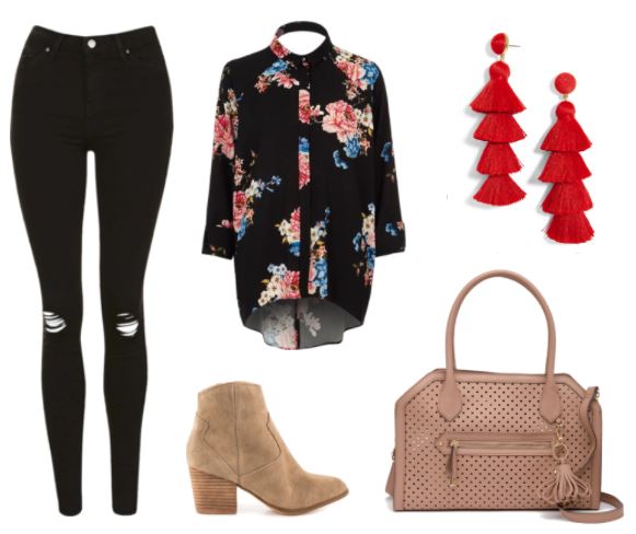 Casual Chic: Black Ripped Jeans; Tan Ankle Booties; Red Tassel Earrings; Tan Jessica Simpson Satchel; Red Tassel Earrings