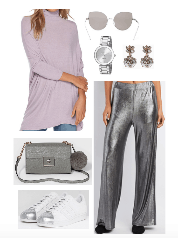 Casual palazzo pant looks with lavender sweater.