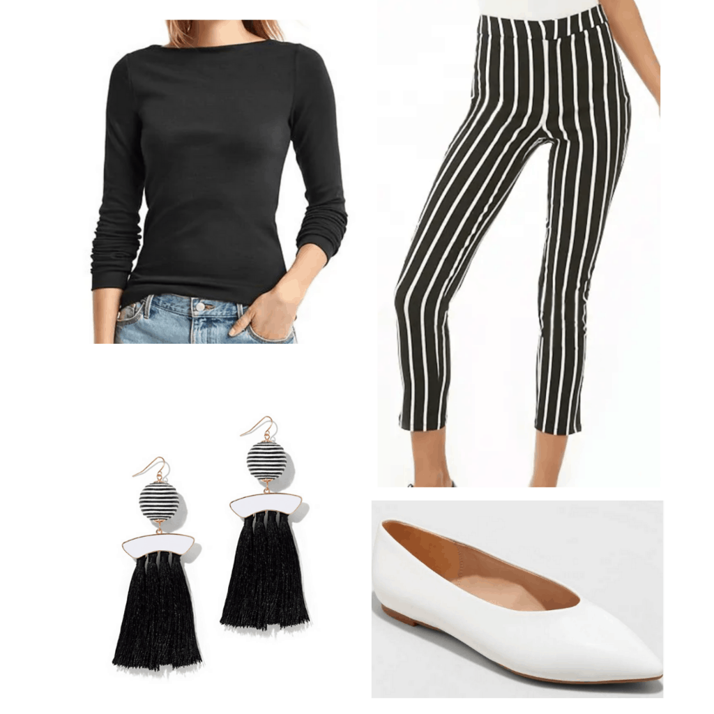 fitted black shirt with black and white striped fitted pants, white flats, and black and white tassel earrings