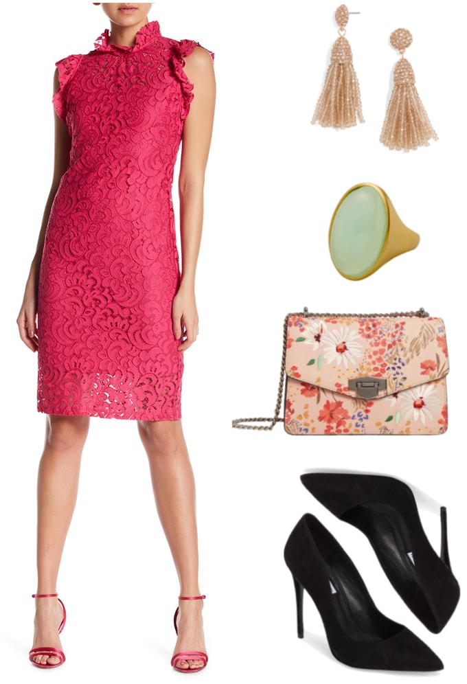 Bright pink lace shift dress with ruffled mock-neck collar and ruffled cap-sleeves, champagne-pink beaded tassel drop earrings with champagne-pink stones, gold cocktail ring with sea glass-green oval-shaped smooth stone, pink chain-strap bag with multi-colored floral print and silver hardware, black pointed-toe stiletto pumps