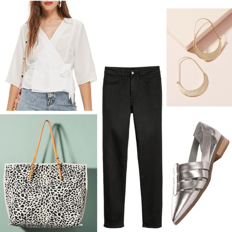 Casual work outfit: White wrap top, black skinny jeans, metallic oxfords, gold earrings, leopard print tote bag