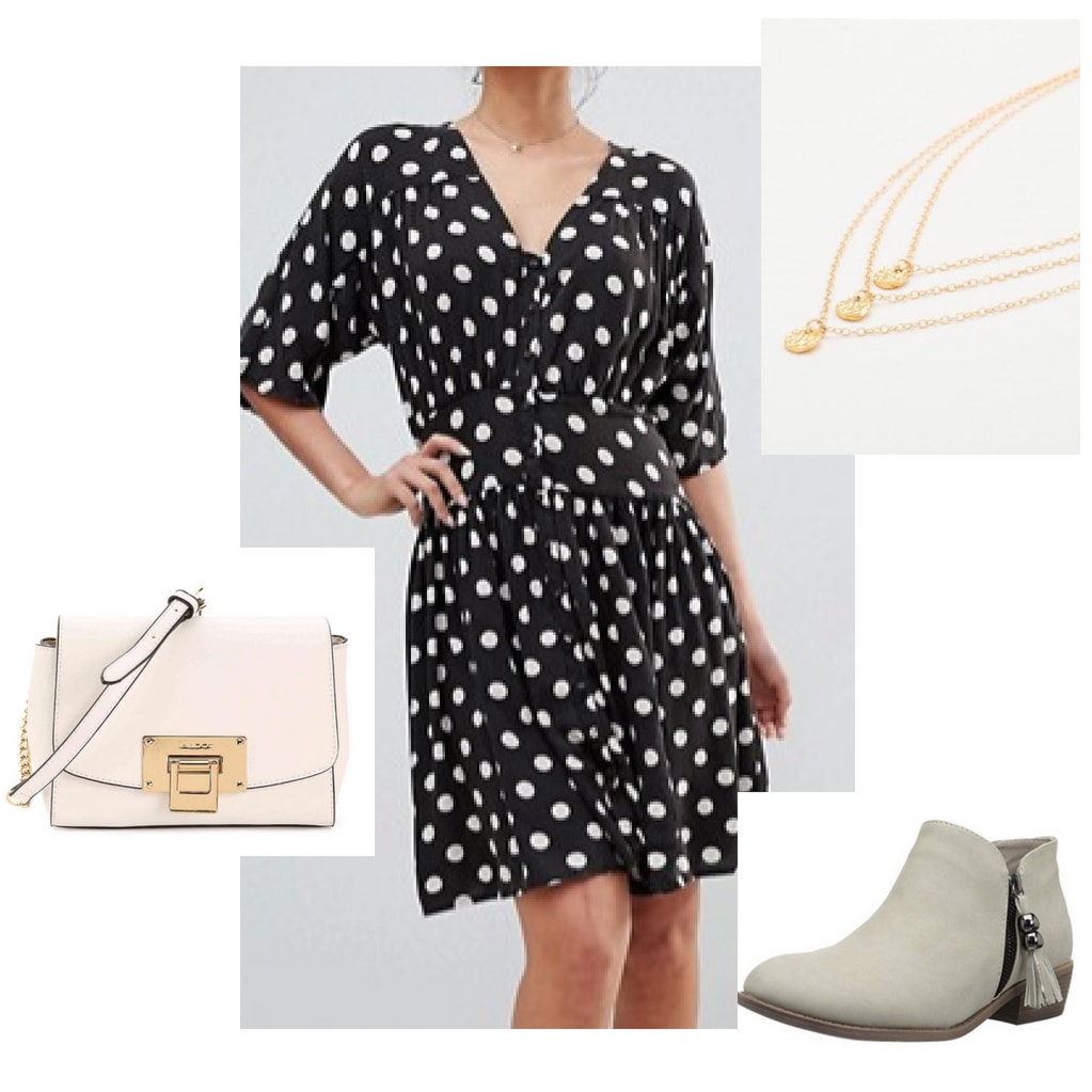 Casual work outfit: Polka dot dress with 3/4 sleeves, layered gold necklaces, pink crossbody bag, gray suede ankle boots