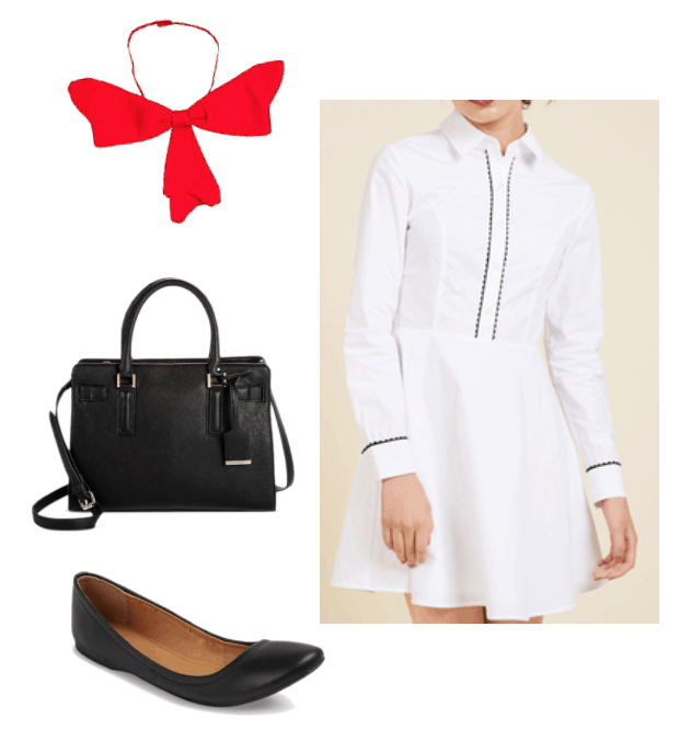 How to repurpose a costume: Cat and the Hat bow tie paired with a black and white shirtdress, black tote bag, black flats