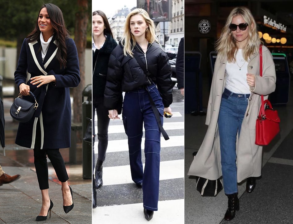 Celebrity fashion: Best celebrity street style outfits of the week including Meghan Markle's navy coat, Nicola Peltz's bell bottom jeans, and Sienna Miller's red bag and tan trench