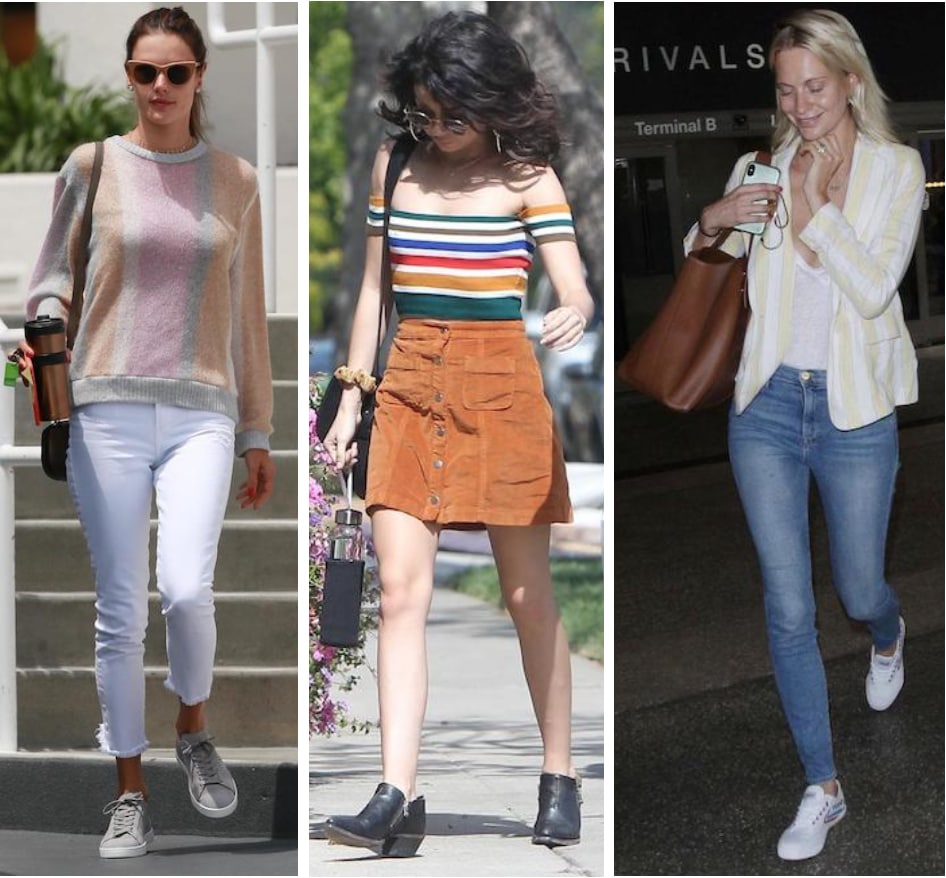 Celebrity Street Style of the Week: Alessandra Ambrosio wearing a multicolor striped crewneck sweater, white cropped ankle jeans, beige frame sunglasses, and gray low-top sneakers, Sarah Hyland wearing a rainbow striped off the shoulder top, hoop earrings, round sunglasses, a corduroy button front mini skirt, and black ankle booties, and Poppy Delevingne wearing a yellow and white striped blazer, white t-shirt, skinny jeans, a brown tote bag, and white low-top sneakers