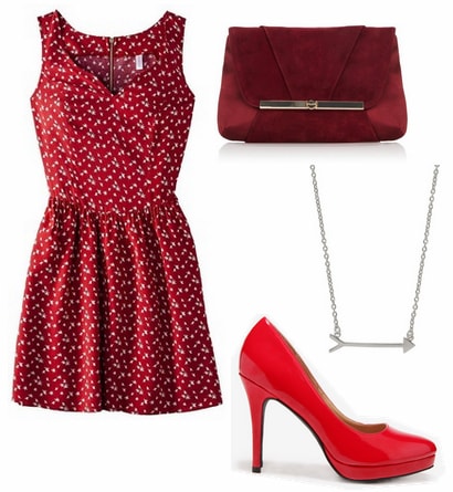 Target red dress, crimson pumps, burgundy clutch