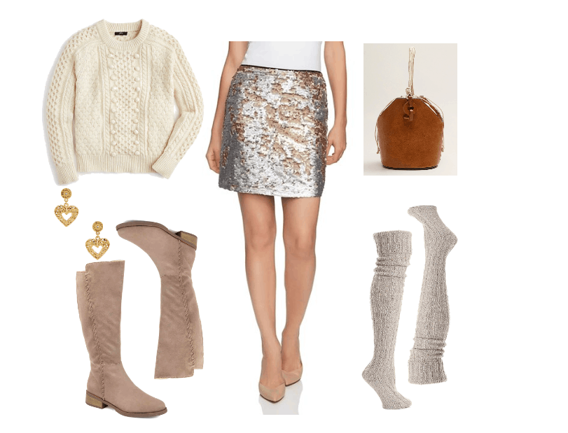 How to wear sequins during the day: Outfit idea with sequin skirt, cream colored chunky knit sweater, over-the-knee boots, heart earrings, bucket bag, knee high socks