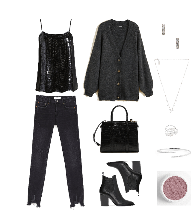 How to wear sequins during the day: Outfit idea with black sequin tank, black jeans, cardigan, dainty jewelry, chunky ankle boots, black purse