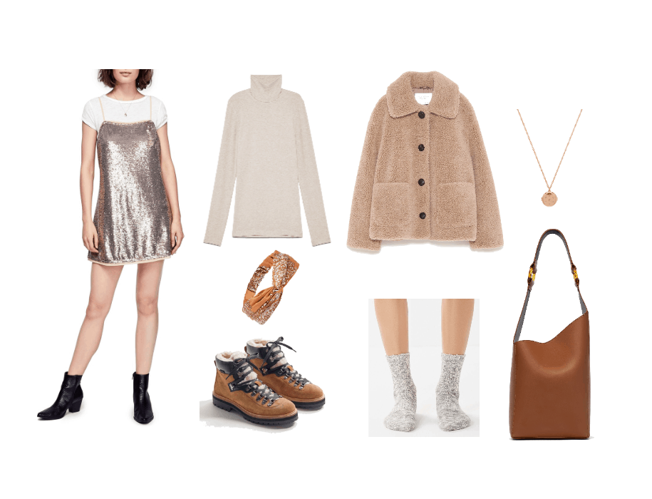 How to wear sequins during the day: Outfit idea with gold sequin mini dress, cream colored turtleneck, teddy coat, headband, slouchy purse, boots, socks