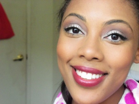 Festive Winter Makeup Look with frosty lids and burgundy lips