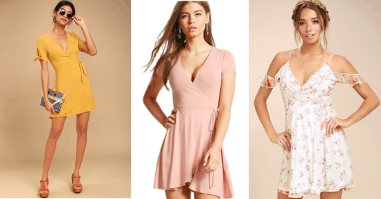 Yellow wrap dress with tied sleeves. Dusty rose wrap dress and a white sold shoulder floral wrap dress.