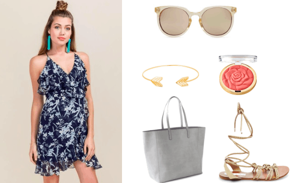 How to wear a wrap dress for class. For class pair a floral navy wrap dress with a gray tote, gold bangle, clear sunglasses, and gladiator sandals. For makeup go for a light blush, for example peach would pair nicely.