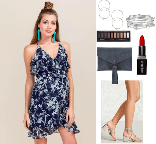 How to style a wrap dress for a night out. Pair a navy floral wrap dress with a navy clutch and silver jewelry. For makeup go for a smokey eye and a bold red lip.