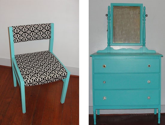 Furniture makeovers: blue painted chair and dresser