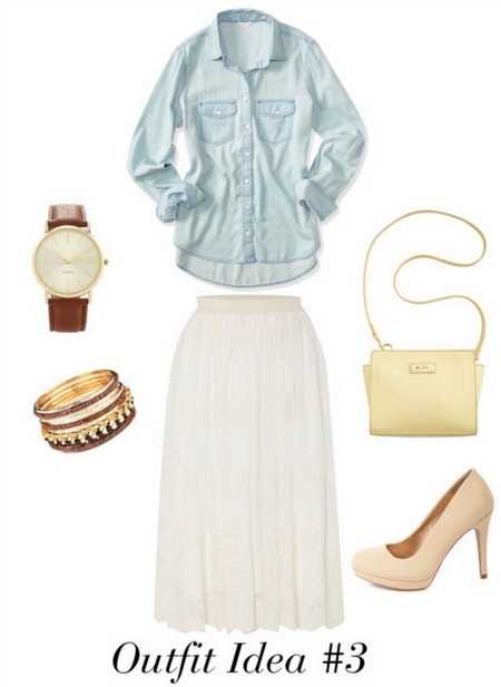 Audrey Hepburn outfit 3 - Chambray, long skirt, heels, cross-body, mens watch