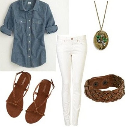 Grandpa-inspired outfit: Chambray button-down, white jeans, easy sandals, wrap bracelet, pendant necklace