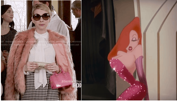 Chanel Oberlin in a pastel pink fur jacket and Jessica Rabbit's sparkly dress