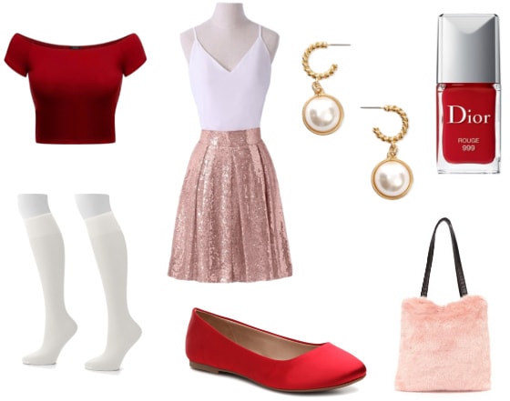 Chanel Oberlin and Jessica Rabbit outfit with off-the-shoulder top and sequin skirt