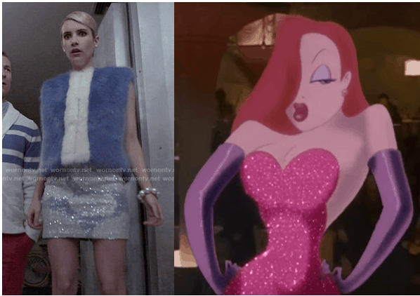 Chanel Oberlin in a blue fur vest and sequin skirt and Jessica Rabbit with hands on hips