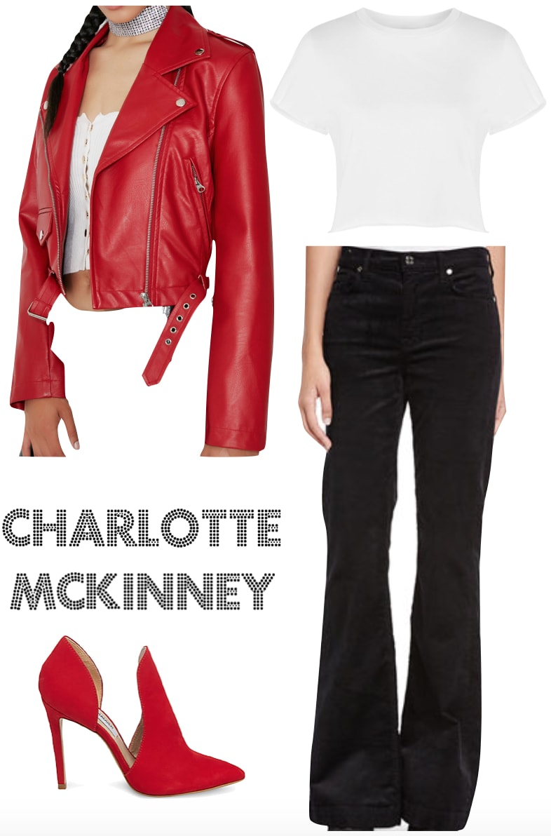 Charlotte McKinney Outfit: red leather Moto jacket, white cropped t-shirt, black corduroy flared pants, red pointy toe heels