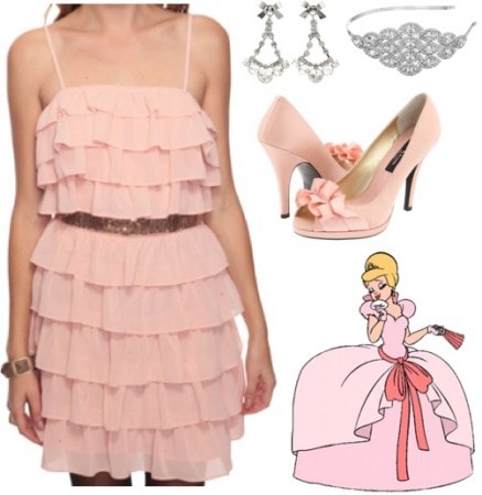 Outfit inspired by Charlotte from Walt Disney's The Princess and the Frog - pink dress, open toe pumps, chandelier earrings, headband